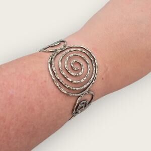 Hammered Silver Spiral Cuff Bracelet — Artisan Sculptural Boho Statement